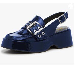 Maiyang Women Blue Round Toe Slingback Buckled Pumps Platform Wedge Heel Sandals